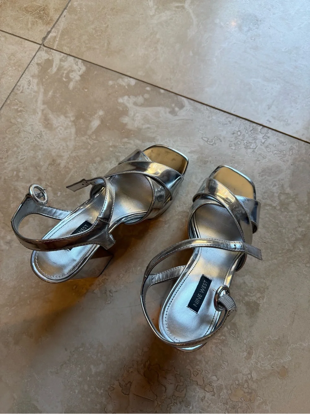 Nine West Silver Metallic Platform Block Heel Sandals